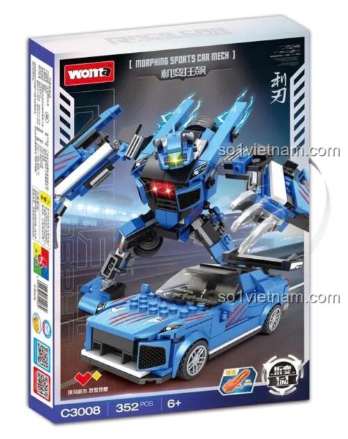 Hộp sản phẩm Robot Biến Hình Xe Đua WOMA C3008, đồ chơi lắp ghép cho bé trai 6 tuổi, robot chiến đấu, xe đua thể thao