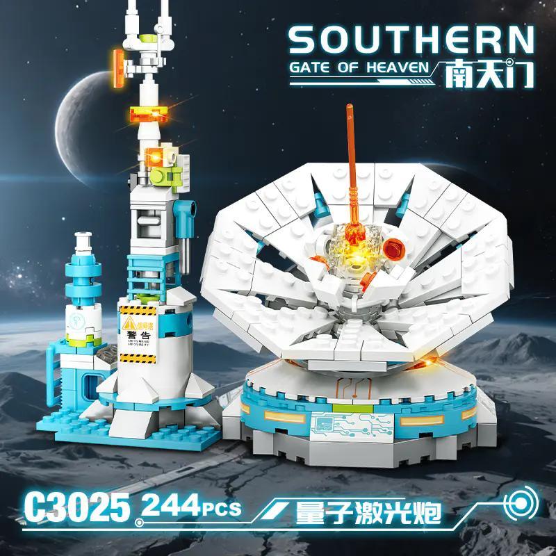 Bộ lắp ghép WOMA C3025 Cổng Trời Phương Nam: Vũ Khí Laser có đèn LED, 244 mảnh ghép, giá tốt cho bé trai 6 tuổi khám phá sức mạnh vũ trụ.