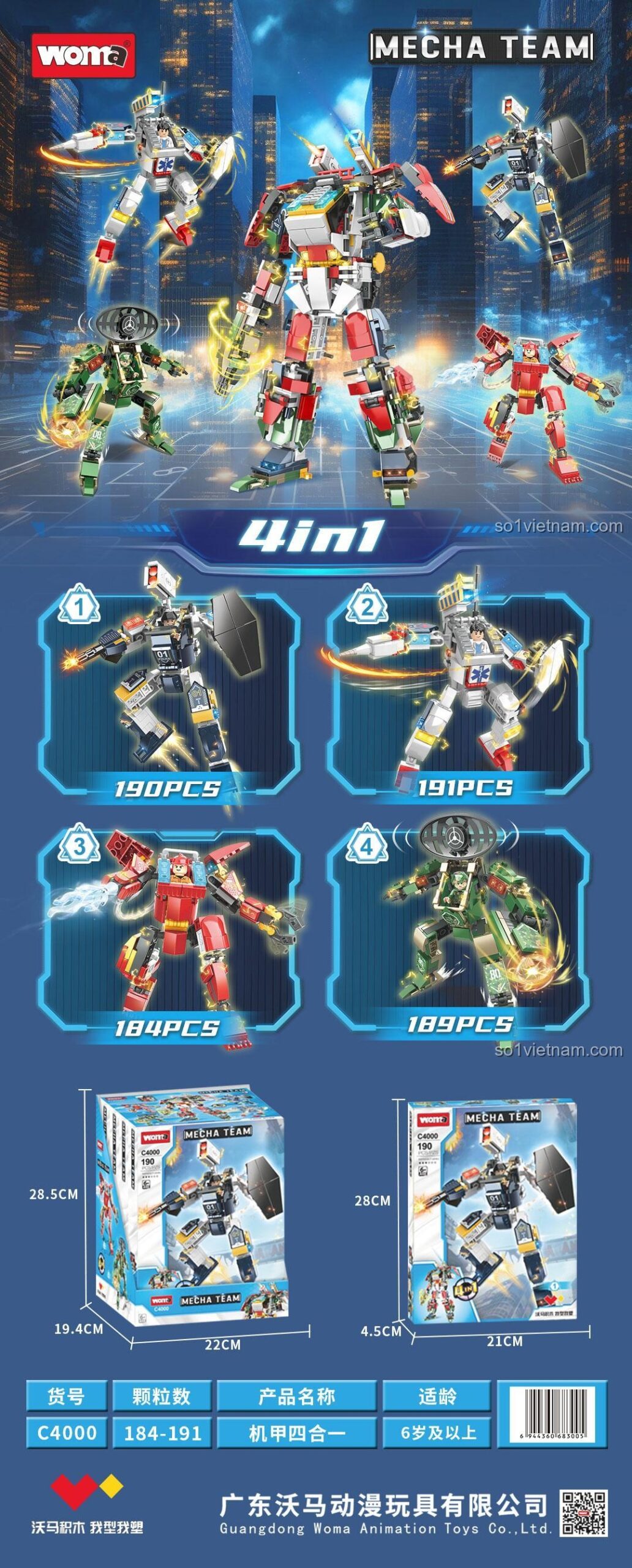 WOMA C4000 Mecha Team Bộ lắp ghép Robot chiến đấu 4 trong 1 cho bé trai 6 tuổi - Các mẫu lắp được