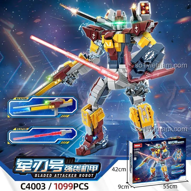Hộp bộ lắp ghép Robot Tấn Công Lưỡi Kiếm WOMA C4003, thể hiện kích thước và số chi tiết 1099 mảnh, đồ chơi mô hình Robot Chiến Đấu cho con trai.