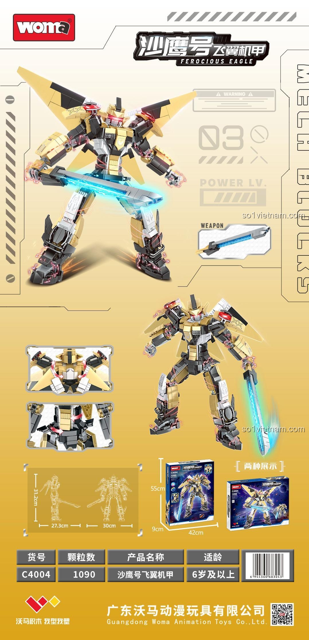 Thông tin chi tiết đồ chơi xây dựng Robot Chiến Đấu Ferocious Eagle WOMA C4004, mô hình lớn 30x27.3x31.2cm, cho bé trai 6 tuổi, giá hời