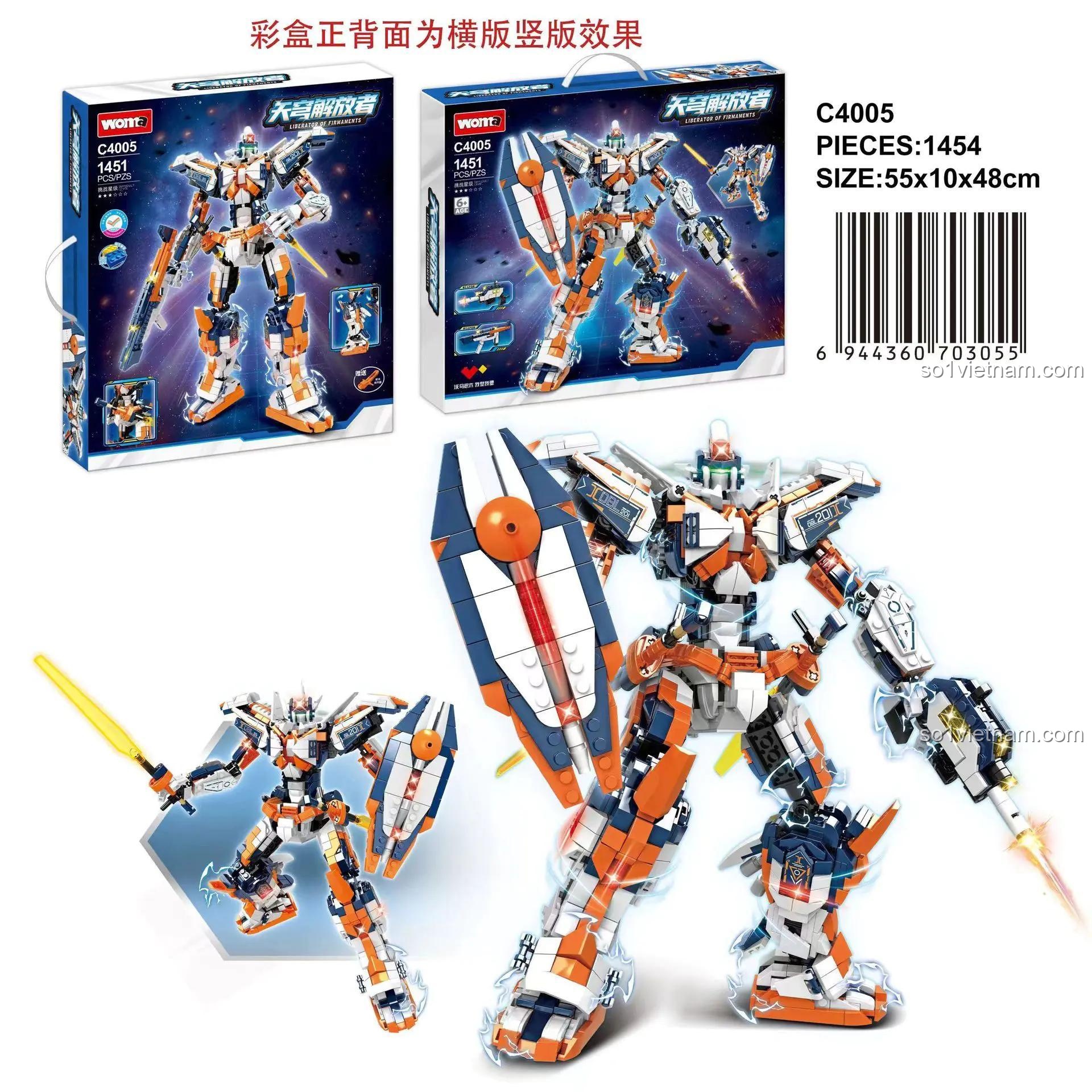 bộ xếp hình Người máy khổng lồ WOMA C4005, mặt sau hộp sản phẩm với thông tin kích thước 55x10x48cm và mã vạch, phù hợp cho bé trai 6 tuổi, chất lượng cao.