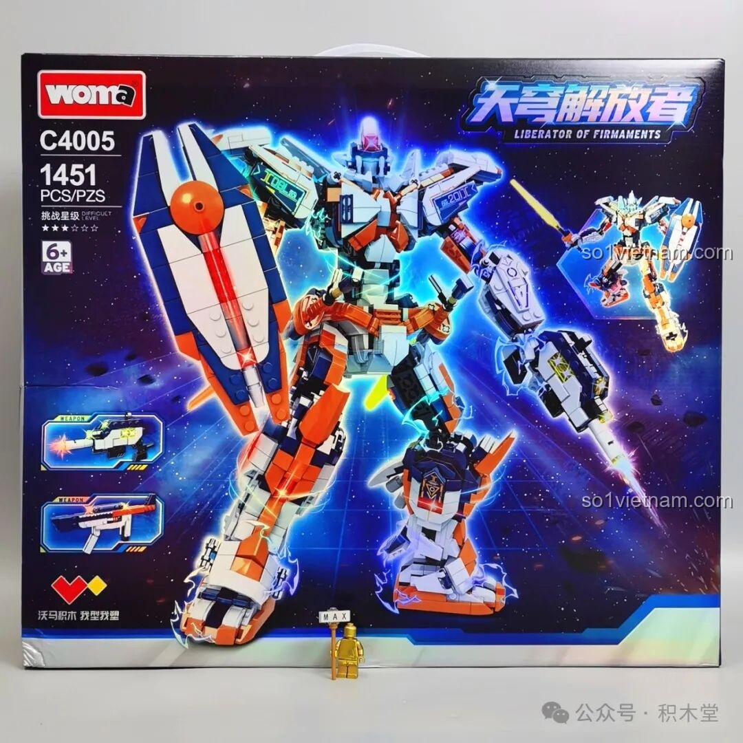 Hộp sản phẩm bộ lắp ghép WOMA C4005 Thiên Khung Giải Phóng Giả, hiển thị hình ảnh mecha chiến binh hoành tráng, số lượng mảnh ghép 1451 và độ tuổi khuyến nghị 6+.