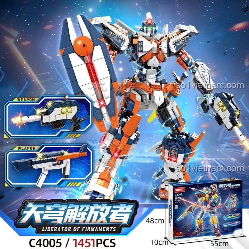 đồ chơi mô hình Mecha chiến binh WOMA C4005, ảnh hộp sản phẩm Thiên Khung Giải Phóng Giả hiển thị các loại vũ khí đi kèm, kích thước hộp và số mảnh ghép 1454, dành cho bé trai 6 tuổi, giá tiết kiệm.