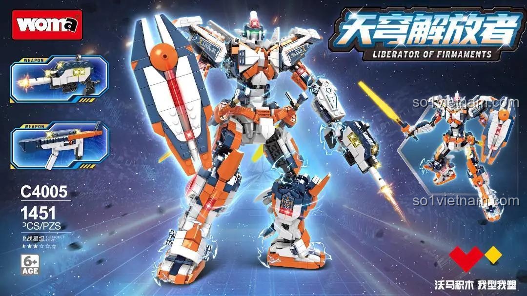 đồ chơi xây dựng WOMA C4005 Thiên Khung Giải Phóng Giả, robot chiến đấu với khiên và súng, hiển thị độ tuổi khuyến nghị 6+ và số mảnh 1454, món quà đáng tiền cho bé trai.
