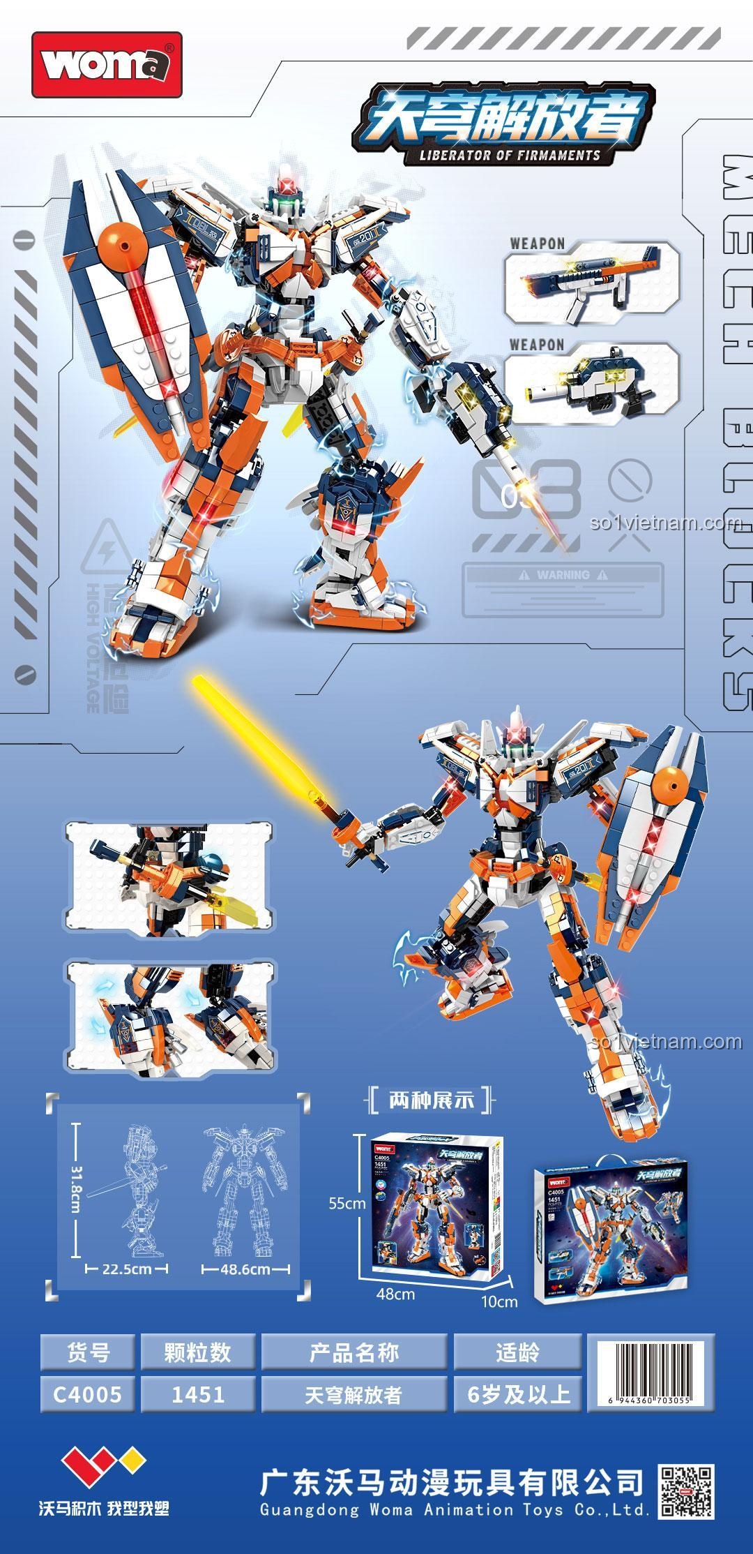 bộ lắp ghép C4005 Thiên Khung Giải Phóng Giả WOMA, thông tin chi tiết sản phẩm bao gồm kích thước mô hình 20.6x19.3x31.8cm, số mảnh 1454, phù hợp bé trai 6 tuổi, giá rẻ.