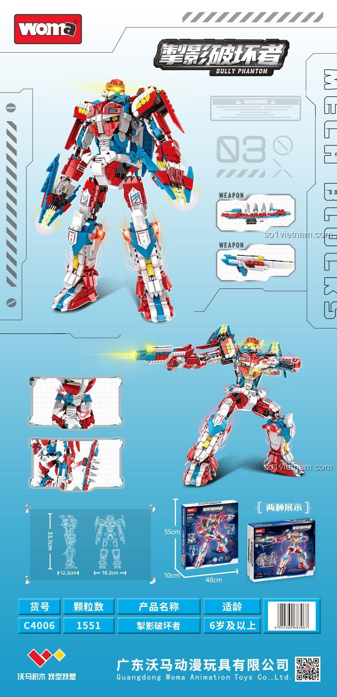 Thông số kích thước set đồ chơi WOMA 4006 Mô Hình Robot Chiến Đấu, đồ chơi xây dựng Mecha Chiến Đấu, cho con trai 6 tuổi.