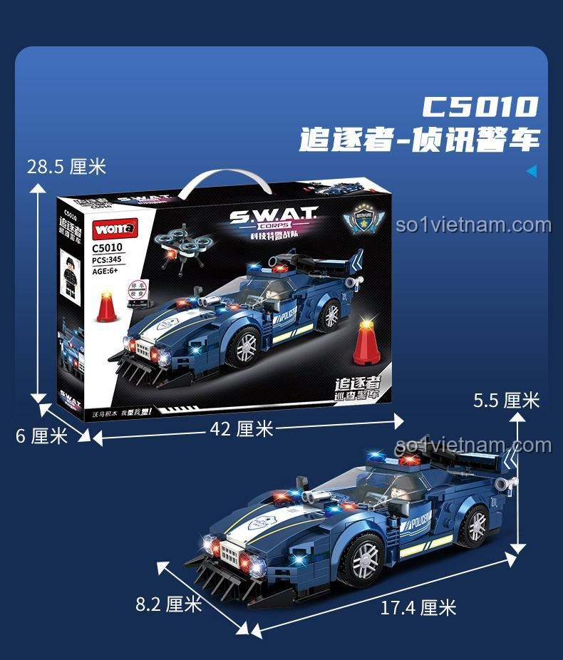 Hình ảnh thể hiện kích thước của xe tuần tra của đội đặc nhiệm Woma C5010 (17.4 x 8.2 x 5.5 cm) và kích thước hộp (42 x 28.5 x 6 cm).