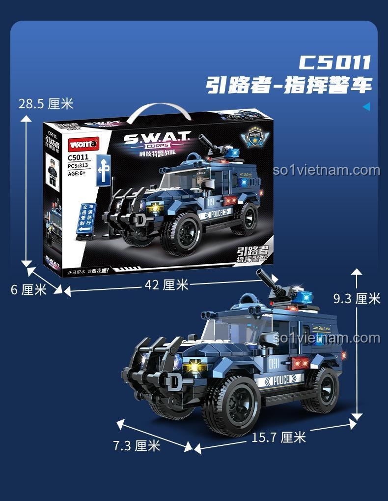 Kích thước chi tiết của mô hình và hộp bộ xếp hình WOMA C5011 Xe Địa Hình SWAT.