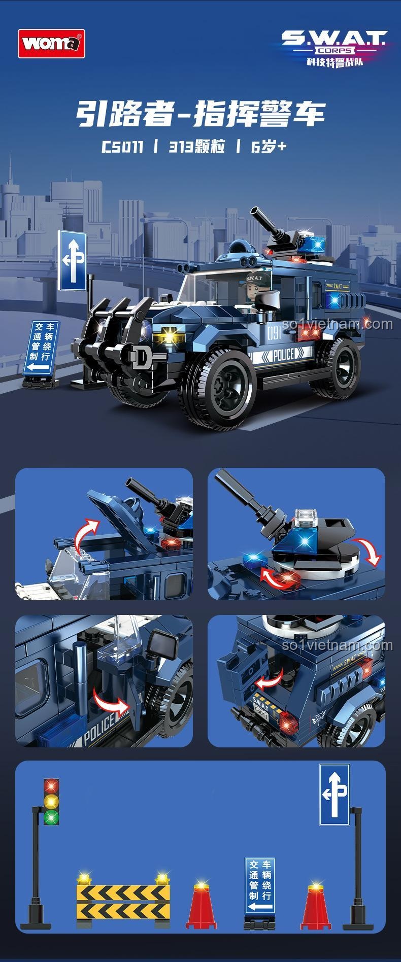 Các tính năng nổi bật của đồ chơi mô hình xe Jeep cảnh sát WOMA C5011: cửa mở, nắp capo mở, tháp pháo xoay.