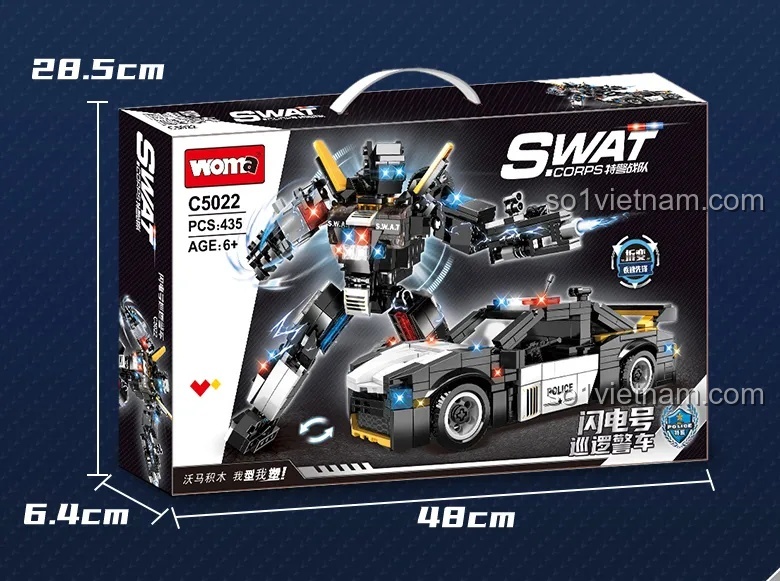 Hộp sản phẩm đồ chơi lắp ráp WOMA C5022 Xe Cảnh Sát Tuần Tra S.W.A.T. Biến Hình Đột Phá, 435 mảnh, có đèn LED & Âm thanh, cho bé trai 6 tuổi, kích thước hộp 48x28.5x6.4cm