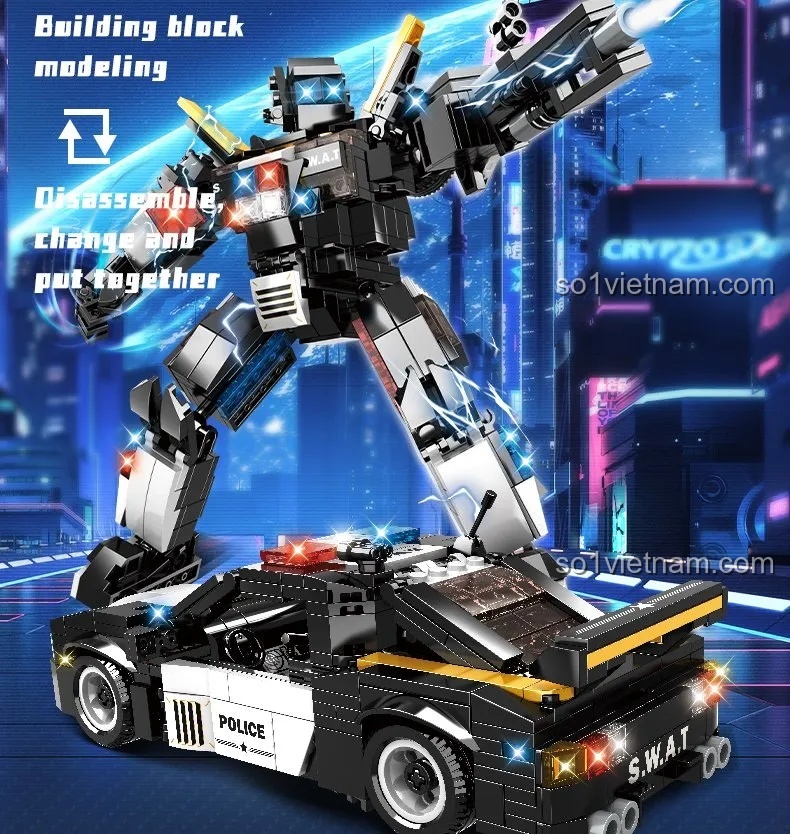 Kích thước mô hình Robot Cảnh Sát S.W.A.T. WOMA C5022 và Xe Cảnh Sát Tuần Tra, đồ chơi lắp ráp 435 mảnh, có đèn LED & Âm thanh