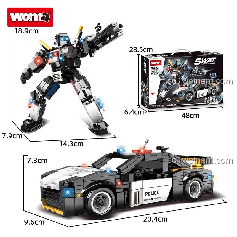Xe Cảnh Sát Tuần Tra S.W.A.T. WOMA C5022 Biến Hình Đột Phá có đèn LED & Âm thanh, 435 mảnh, đồ chơi lắp ráp cho bé trai 6 tuổi