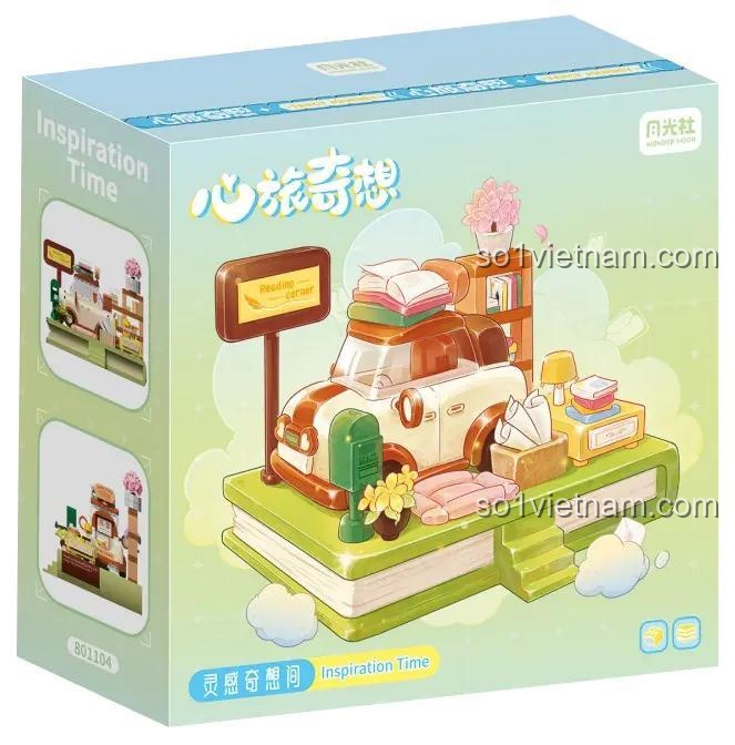 Hình ảnh hộp sản phẩm đồ chơi mô hình Xe Fiat cổ điển và giá sách mini Wonder House 801104, quà tặng sáng tạo cho con gái.