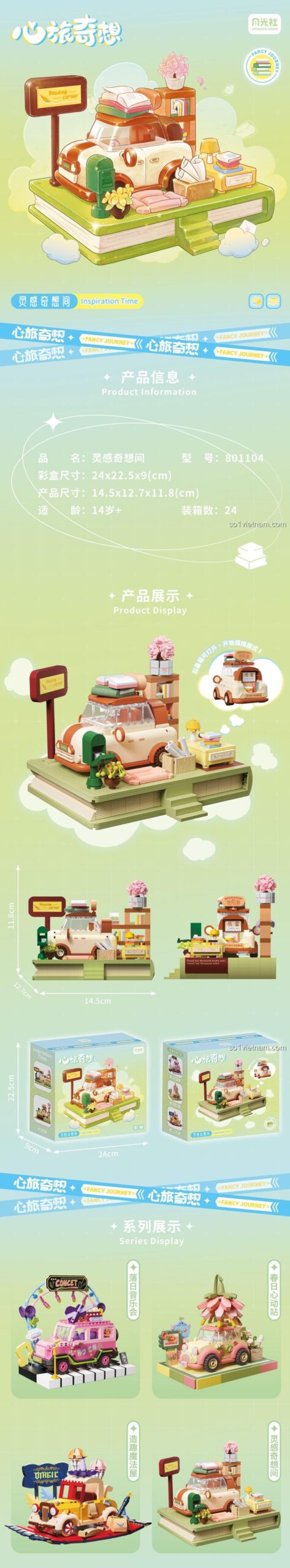 Thông số chi tiết và kích thước của bộ xếp hình Wonder House 801104, mô hình trang trí bàn học 801104 với 772 chi tiết.