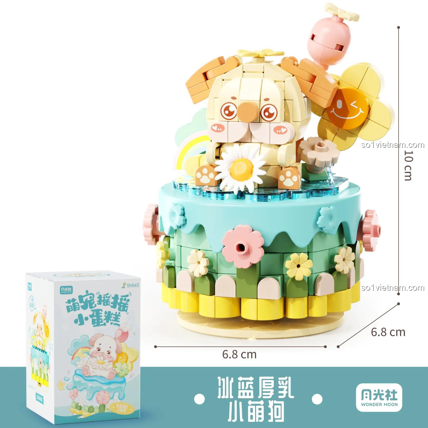 Kích thước và hộp của đồ chơi mô hình Chú Chó Kem Xanh 802030, món quà sáng tạo cho bé gái.