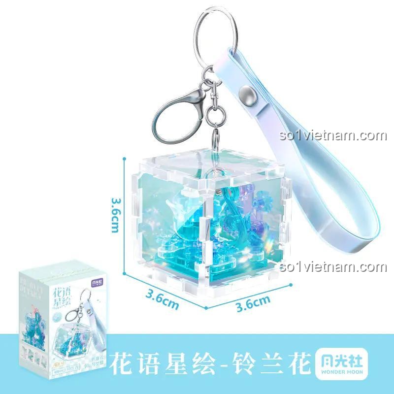 Đồ chơi lắp ghép Wonder Moon 802058 Móc Khóa Hoa Linh Lan, thể hiện kích thước và hộp sản phẩm, phù hợp bé gái 14 tuổi, giá rẻ.