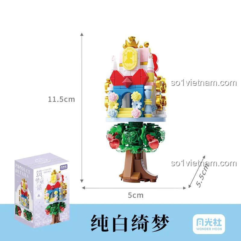 Bộ xếp hình Lâu đài thần tiên Wonder Moon 802071, thể hiện kích thước mô hình và hộp, đồ chơi cho con gái 14 tuổi, chất lượng cao.