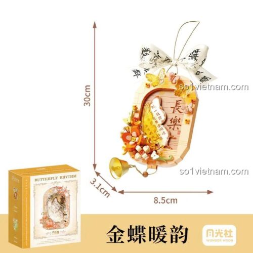 Hình ảnh hộp và kích thước của đồ chơi mô hình Bướm Vàng Ấm Áp Wonder Moon 802085. Kích thước mô hình là 30x8.5x3.1 cm.
