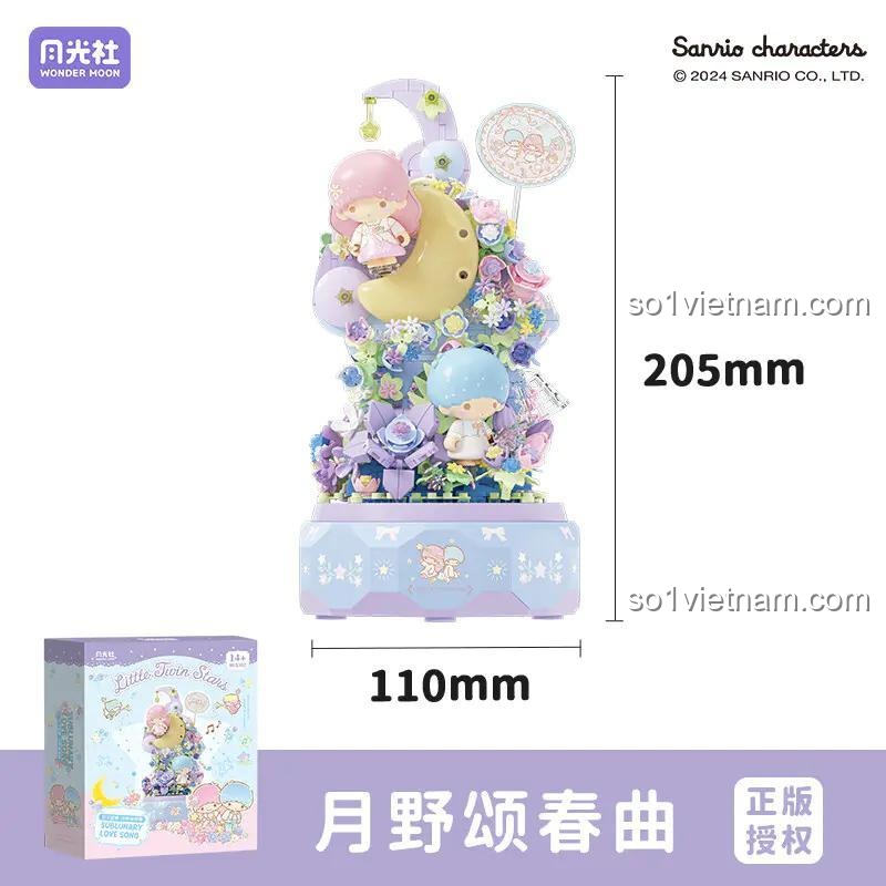 Bộ lắp ghép Wonder Moon Hộp nhạc Sanrio Little Twin Stars 803302 với kích thước chi tiết, hộp nhạc xoay có đèn LED, dành cho con gái 14 tuổi.