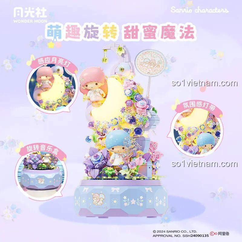 Hộp nhạc Sanrio Little Twin Stars Wonder Moon 803302 với tính năng xoay tròn, đèn LED cảm biến ánh sáng, bộ lắp ghép sáng tạo.