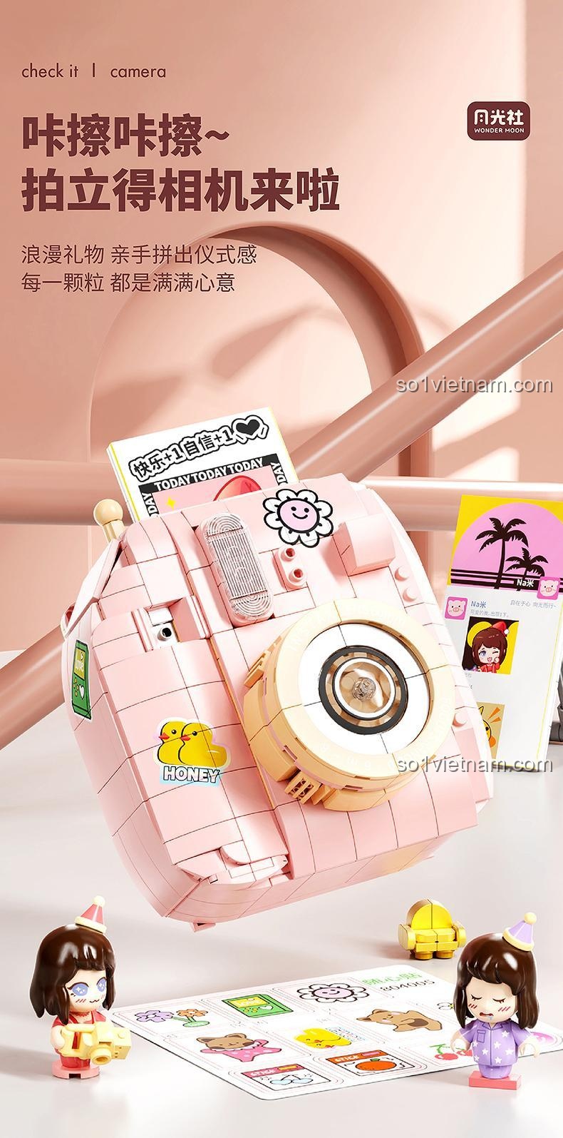 Đồ chơi mô hình Wonder Moon 804005, mô hình máy ảnh Instax màu hồng dễ thương, quà tặng lãng mạn cho bạn gái.