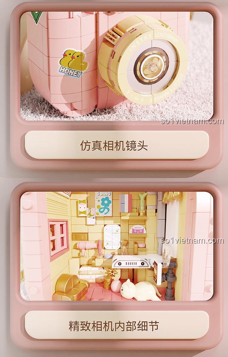 Đồ chơi mô hình Máy ảnh mini dễ thương 804005, chi tiết ống kính và nội thất diorama tinh xảo, chất lượng cao.