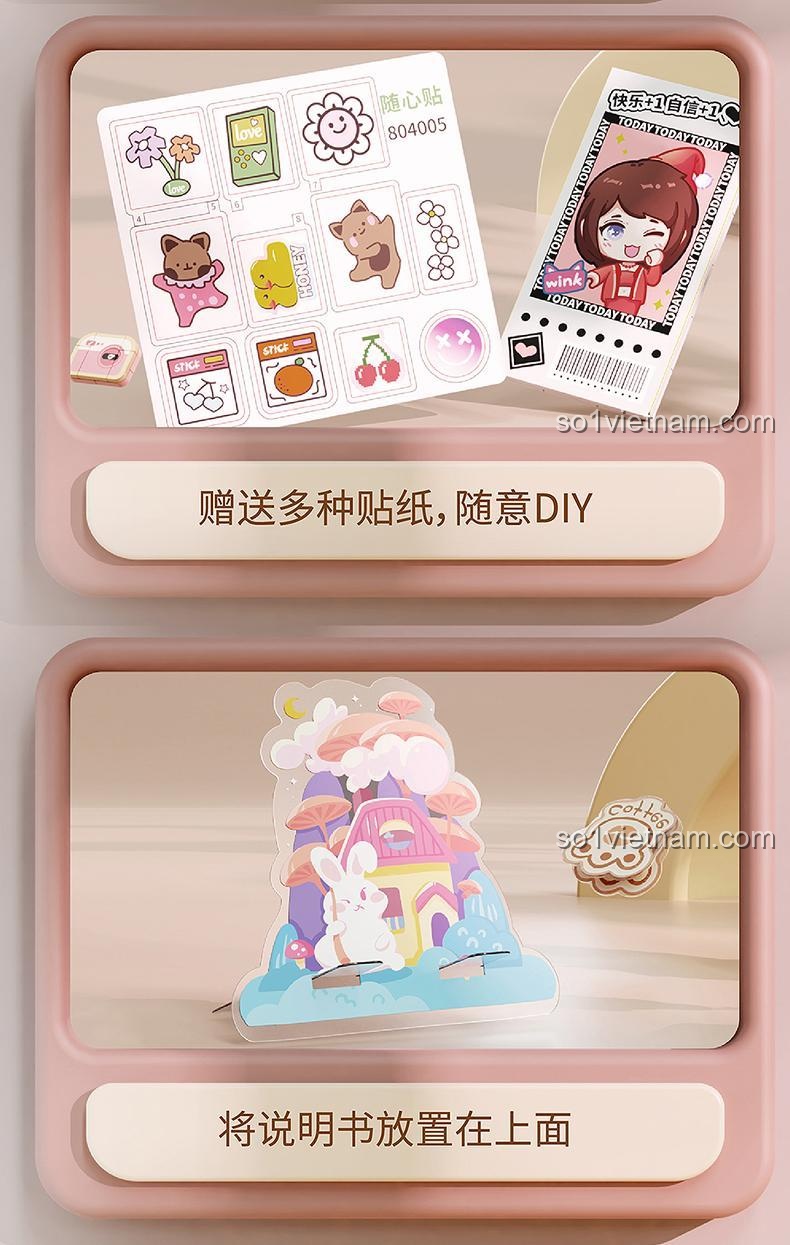 Bộ xếp hình Wonder Moon 804005 đi kèm nhiều sticker dễ thương để tự do trang trí, tăng tính cá nhân hóa.