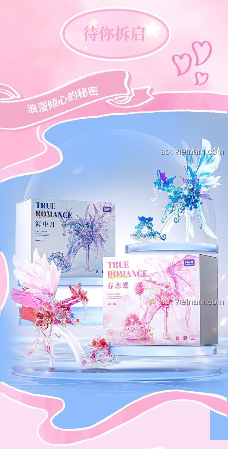 Mô hình giày pha lê màu xanh "Hải Trung Nguyệt" (Moon in the Sea) với thiết kế tinh xảo, phù hợp cho bé gái yêu thích màu xanh và sự lãng mạn.