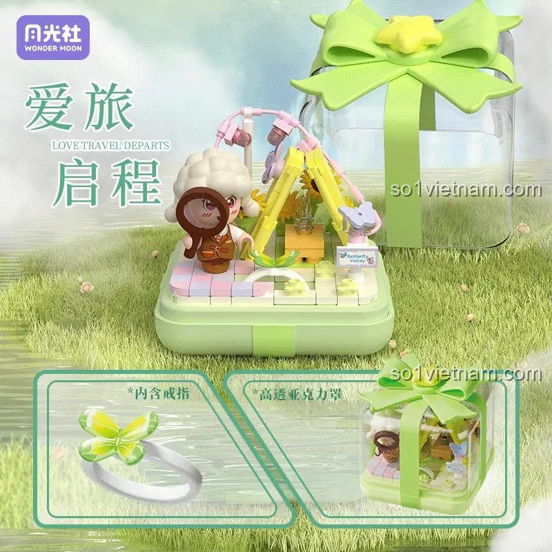 Wonder Moon 804422 Hộp nhẫn ước nguyện, chi tiết nhẫn và hộp, bộ lắp ghép đồ chơi mô hình cho bé gái 6 tuổi, có nhẫn đi kèm, hộp trong suốt, màu xanh lá, trắng, vàng, giá tốt