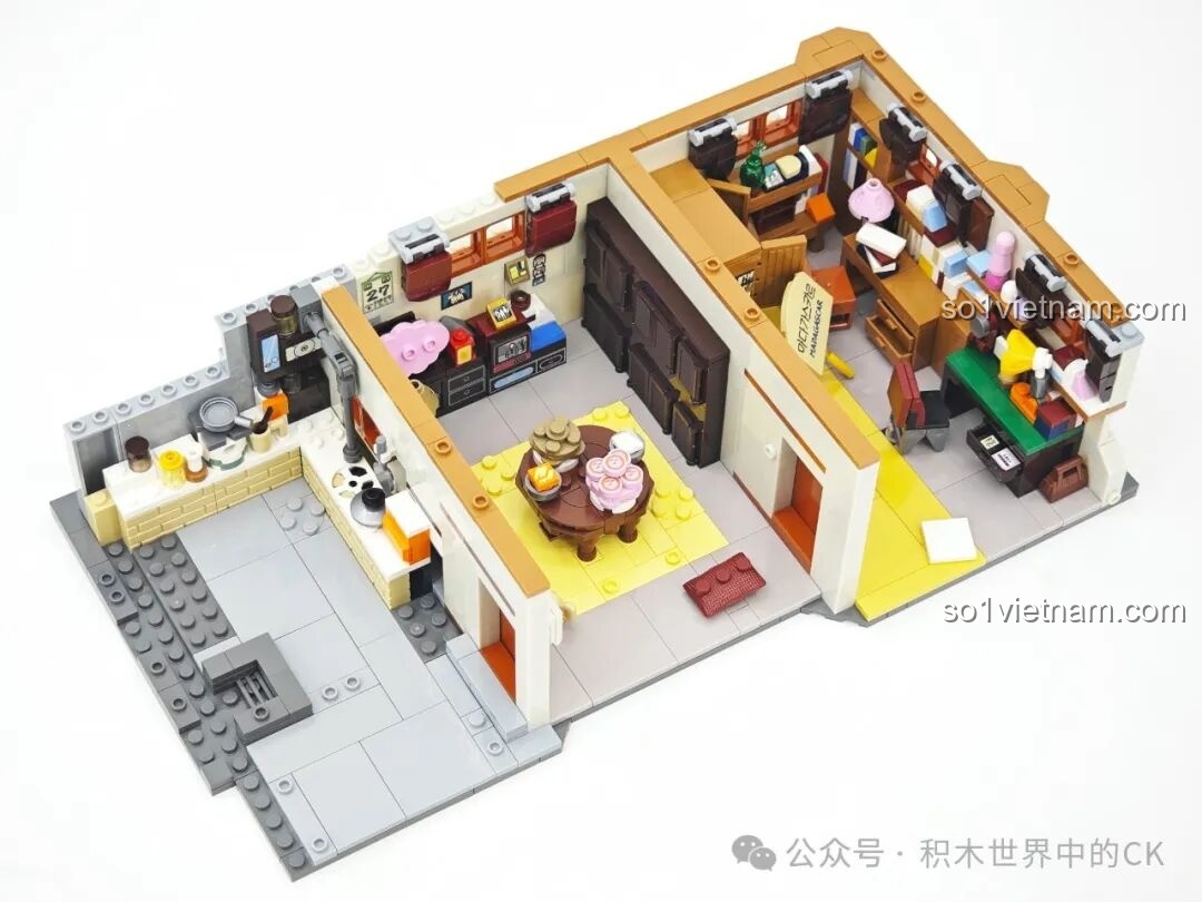 Xây dựng khu vực bếp trong mô hình nhà Deok-sun, với các chi tiết như bếp lò, bồn rửa và tường gạch vàng.