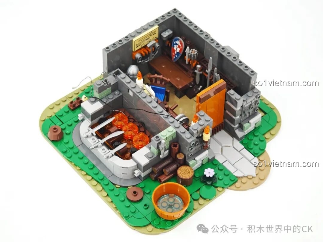 Xây dựng các bức tường của tầng trệt trong bộ lắp ghép Lò rèn thời trung cổ Funwhole F9040, tích hợp dây đèn LED.