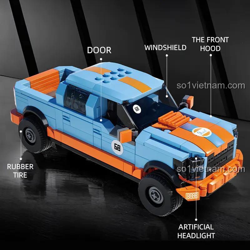 Bộ lắp ghép Xe bán tải địa hình Ford F-150 Raptor Xbert 66004, hiển thị chi tiết cửa, nắp capo, lốp cao su, phù hợp con trai 14 tuổi.
