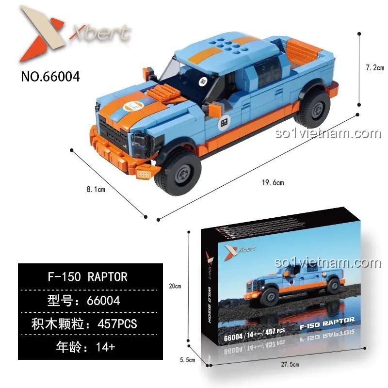 Đồ chơi mô hình Xbert 66004 Ford F-150 Raptor, hiển thị kích thước mô hình 19.6x8.1x7.2cm và hộp 27.5x20x5.5cm, cho con trai 14 tuổi.