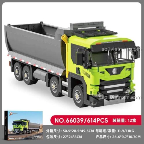 Thông số kỹ thuật và hộp sản phẩm đồ chơi xây dựng Xbert 66039 Xe ben tự đổ kiểu Châu Âu, chất lượng cao, kích thước chi tiết.