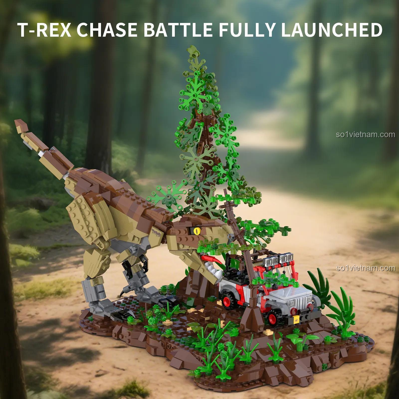 Mô hình T-Rex 66124 sau khi lắp ráp hoàn chỉnh, thể hiện trận chiến rượt đuổi kịch tính. Một bộ xếp hình Xbert chất lượng cao.