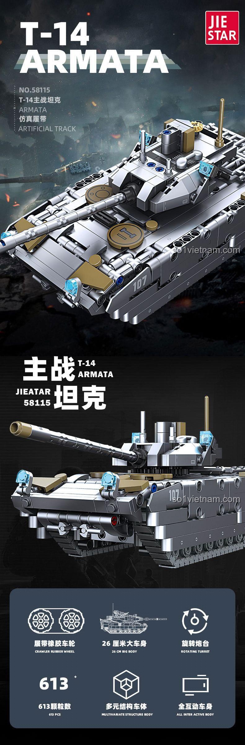 Xe tăng T-14 Armata JIESTAR 58115 với chi tiết tháp pháo xoay, bộ lắp ghép xe tăng quân sự cho bé trai 6 tuổi, giá tốt