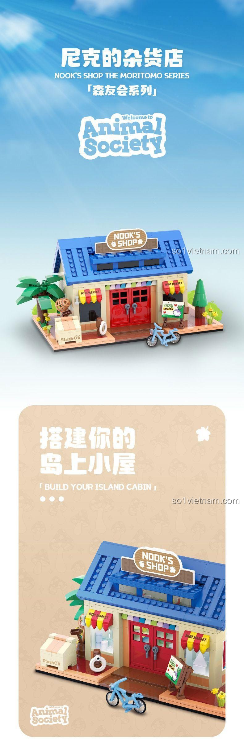 Chi tiết lắp ráp Cửa hàng Nook's Shop JD034 Animal Society 840 chi tiết