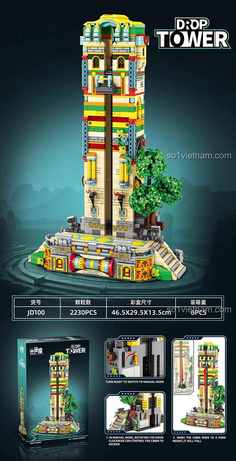 Đồ chơi mô hình JD100 Tháp Rơi Tự Do với kích thước hộp 46.5x29.5x13.5 cm và tính năng nâng hạ thủ công, chất lượng đảm bảo.