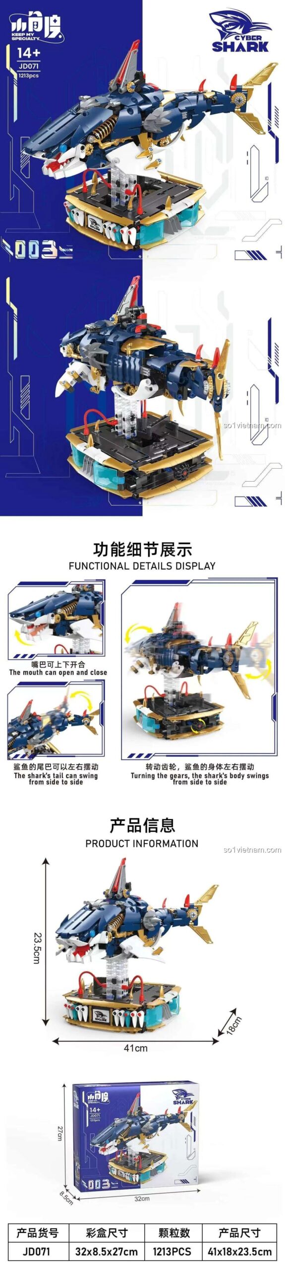 Chi tiết mô hình Cá Mập Cyber JD071, bộ lắp ghép Cá Mập Cyber, đồ chơi xây dựng Cá Mập Cyber, đồ chơi cho bé 14 tuổi