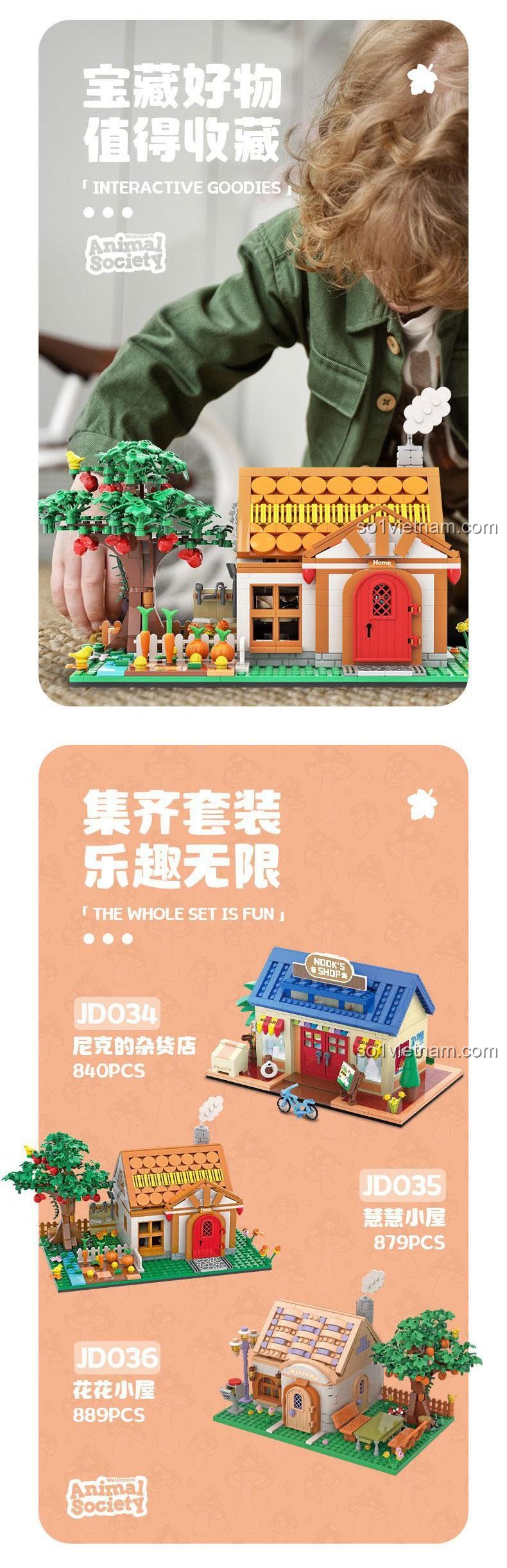 Bộ đồ chơi Ngôi nhà của Cư dân Xã hội Động vật JD035 879 mảnh ghép, Tương thích LEGO®, Phù hợp cho bé 6 tuổi, Màu sắc chủ đạo Nâu, Trắng, Đỏ, Xanh lá, Vàng, Chất liệu Nhựa ABS cao cấp, Kỹ năng Sáng tạo ý tưởng, Phối hợp tay mắt, Kiên nhẫn, Tập trung chi tiết, Định hướng không gian, Giải quyết vấn đề, Tưởng tượng