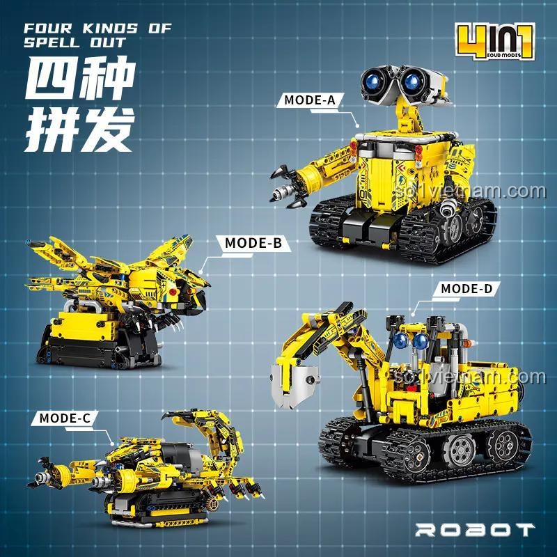 4 mẫu lắp ráp từ bộ đồ chơi 4 trong 1 XiaoJiaoDu JD043, bao gồm Robot WALL-E và xe xúc