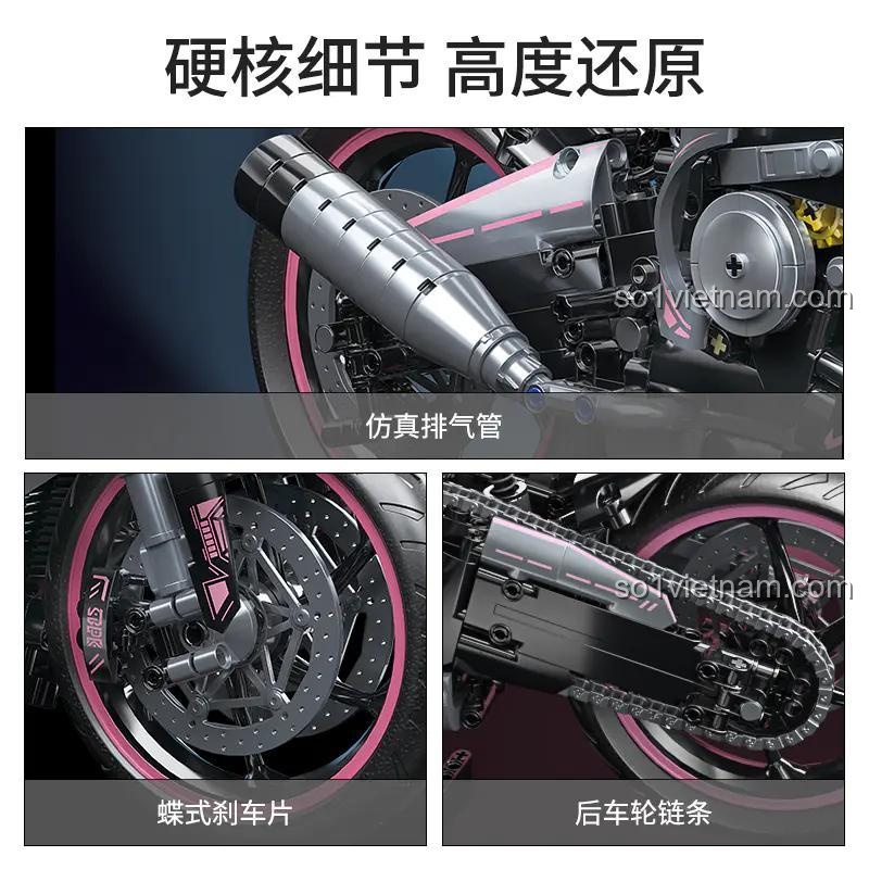 Chi tiết mô tô PinkWind tỉ lệ 1:5, bộ lắp ghép Technic, đồ chơi mô hình xe máy tốc độ cao cho bé trai 14 tuổi, màu hồng đen xám, kích thước 45x17x27cm, giá tốt