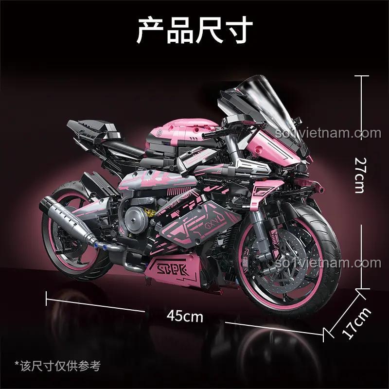 Kích thước mô tô PinkWind tỉ lệ 1:5, bộ lắp ghép Technic, đồ chơi mô hình xe máy tốc độ cao cho bé trai 14 tuổi, màu hồng đen xám, kích thước 45x17x27cm, giá tốt