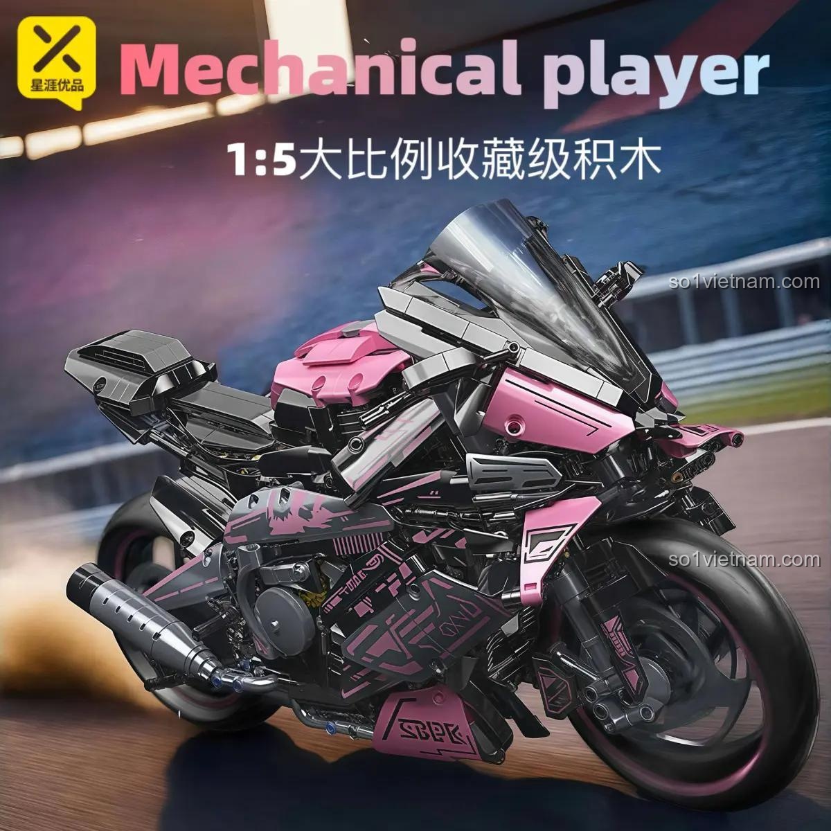 Mô tô PinkWind tỉ lệ 1:5 đang chạy, bộ lắp ghép Technic, đồ chơi mô hình xe máy tốc độ cao cho bé trai 14 tuổi, màu hồng đen xám, kích thước 45x17x27cm, giá tốt