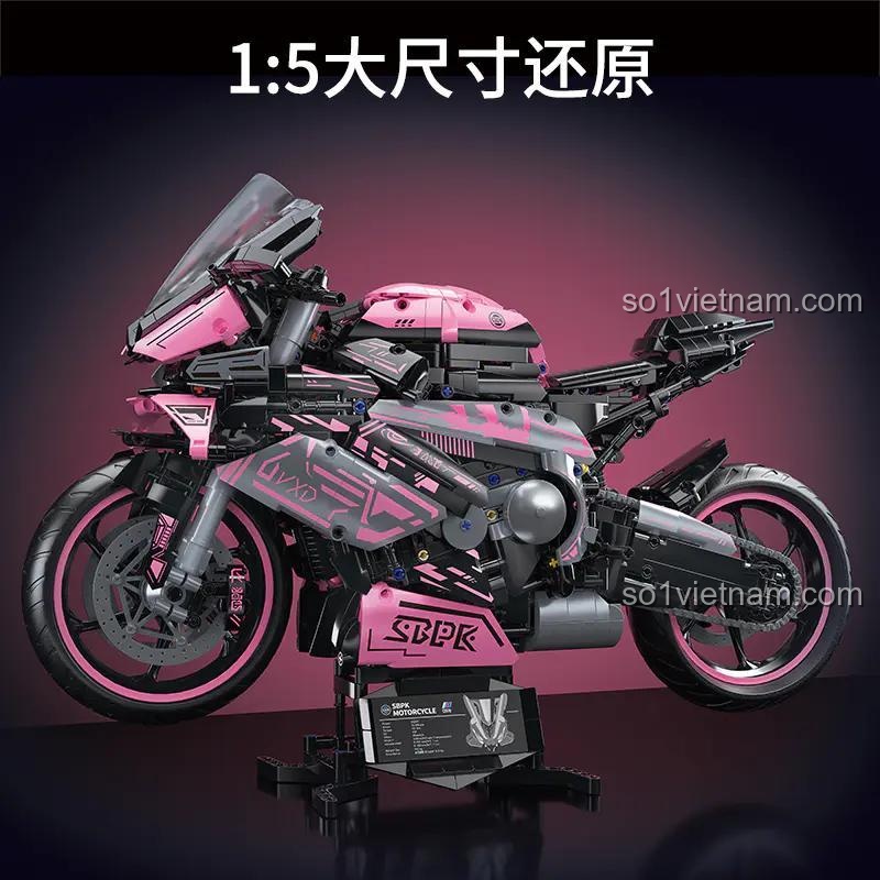 Mô tô PinkWind tỉ lệ 1:5, bộ lắp ghép Technic, đồ chơi mô hình xe máy tốc độ cao cho bé trai 14 tuổi, màu hồng đen xám, kích thước 45x17x27cm, giá tốt