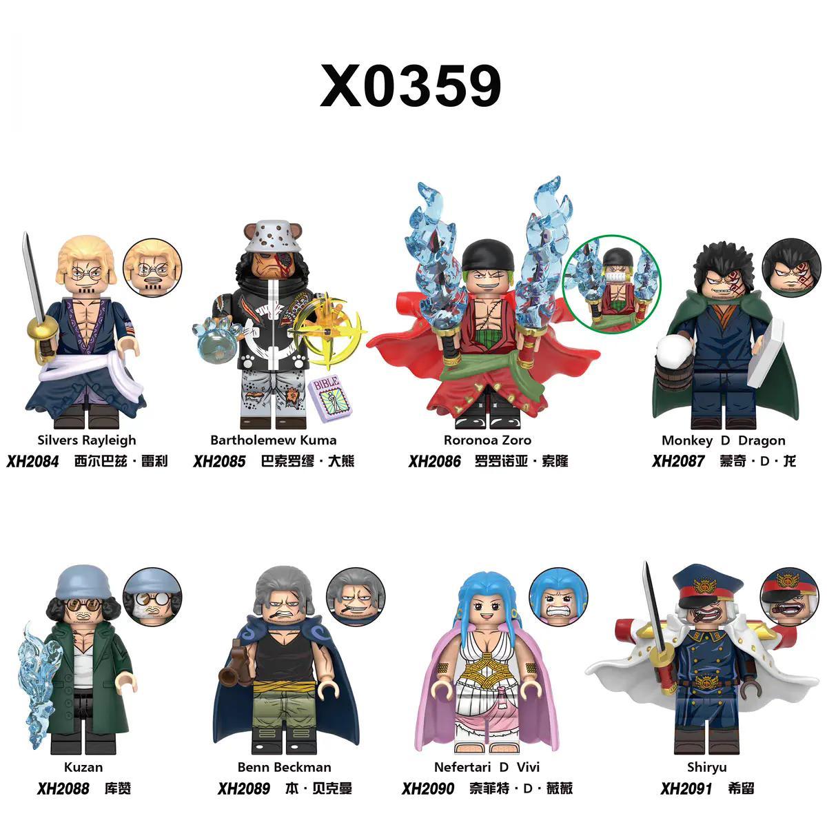 Bộ 8 Minifigure One Piece XINH X0359, figure Silvers Rayleigh, Bartholomew Kuma, Roronoa Zoro, Monkey D Dragon, Kuzan, Benn Beckman, Nefertari D Vivi, Shiryu, đồ chơi lắp ghép cho bé trai 6 tuổi, giá tốt