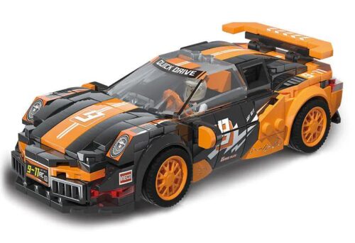 Mô hình xe thể thao Porsche 911 màu đen cam lắp ráp từ bộ đồ chơi XJ-Block XJ-3985A, có minifigure người lái