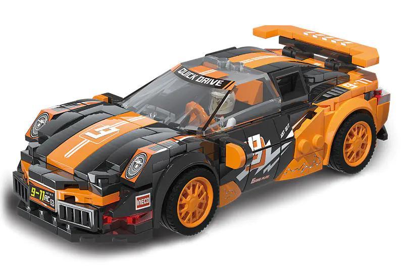 Mô hình xe thể thao Porsche 911 màu đen cam lắp ráp từ bộ đồ chơi XJ-Block XJ-3985A, có minifigure người lái