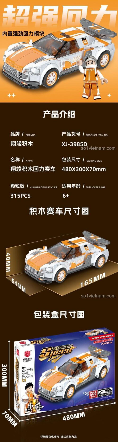Mô hình Siêu xe Audi R8 XJ-3985D và kích thước chi tiết